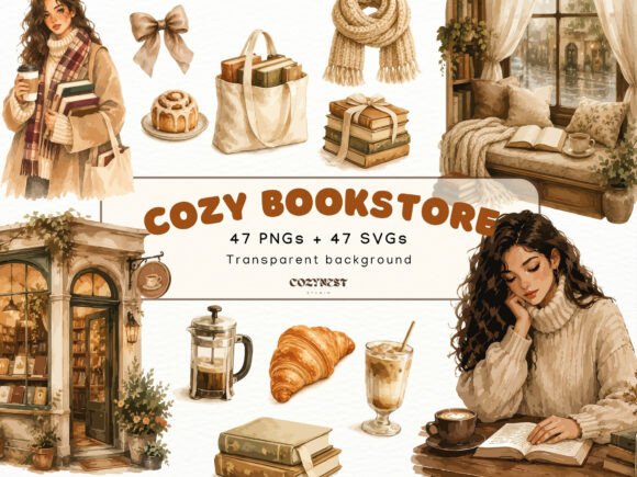 Download Cozy Bookstore Cliparts, Watercolor PNG - Art Collection