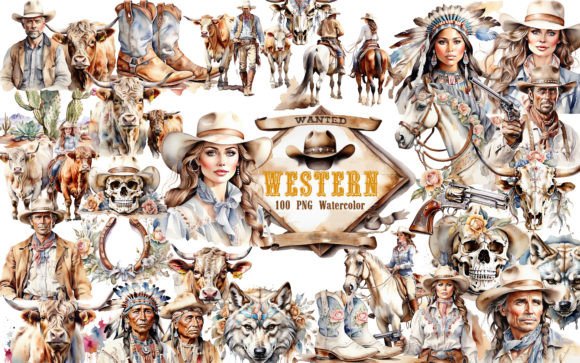 Download Western Watercolor Clipart Bundle PNG - Art Collection