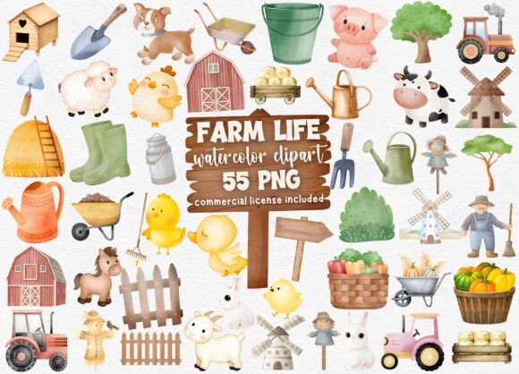 Download Watercolor Farm Life Clipart Set, 55 PNG - Art Collection