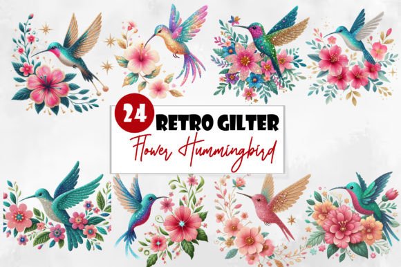Download Retro Gilter Flower Hummingbird Clipart - Art Collection