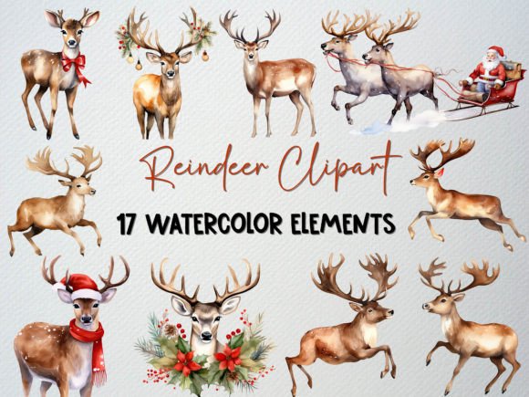 Download Watercolor Reindeer Clipart Set, 17 PNG - Art Collection