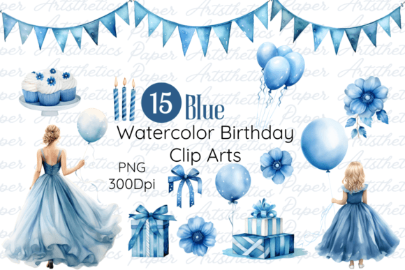Download Blue Watercolor Birthday Clip Arts Set - Art Collection