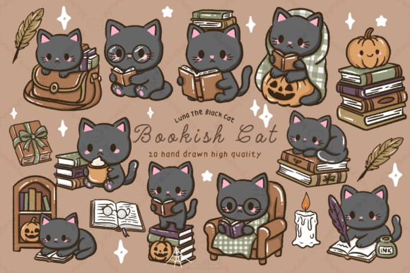 Download Kawaii Black Cat Bookish Fall Clipart - Premium Resources