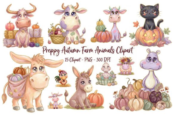 Download Preppy Autumn Farm Animals Clipart Set - Art Collection