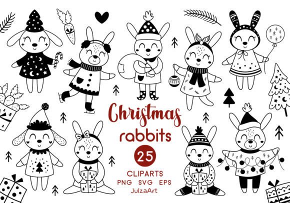 Download Black and White Christmas Rabbit Clipart - Art Collection