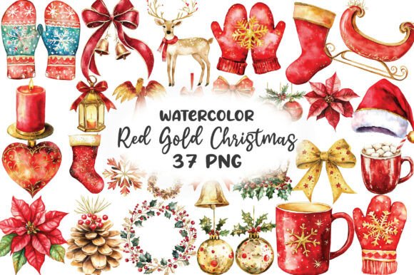 Download Red Gold Christmas Watercolor Clipart - Art Collection