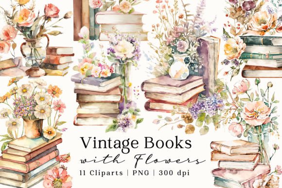 Download Vintage Books Flowers Watercolor Clipart - Art Collection