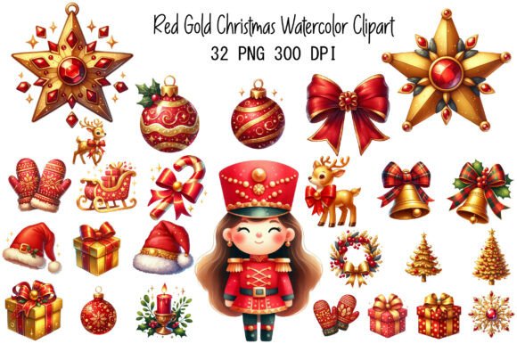 Download Red Gold Christmas Watercolor Clipart - Art Collection
