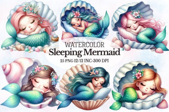 Download Watercolor Sleeping Mermaid Clipart Set - Art Collection