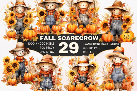 Download 29 Fall Scarecrow Watercolor Clipart Set - Art Collection
