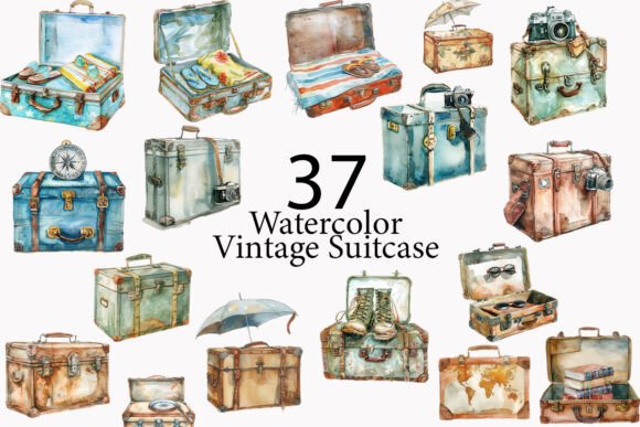 Download Vintage Suitcase Watercolor Clipart - Art Collection