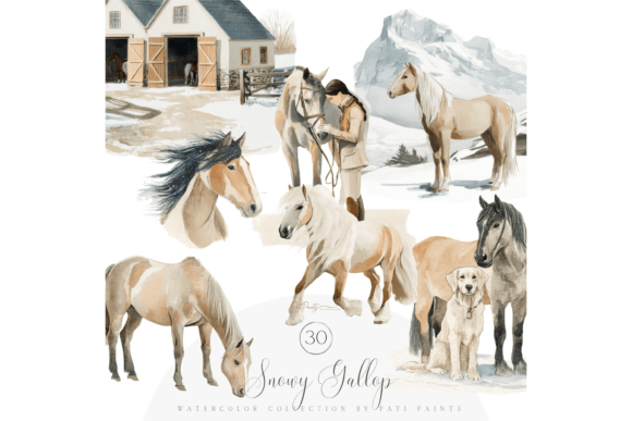 Download Watercolor Winter Horses Clipart Pack - Art Collection
